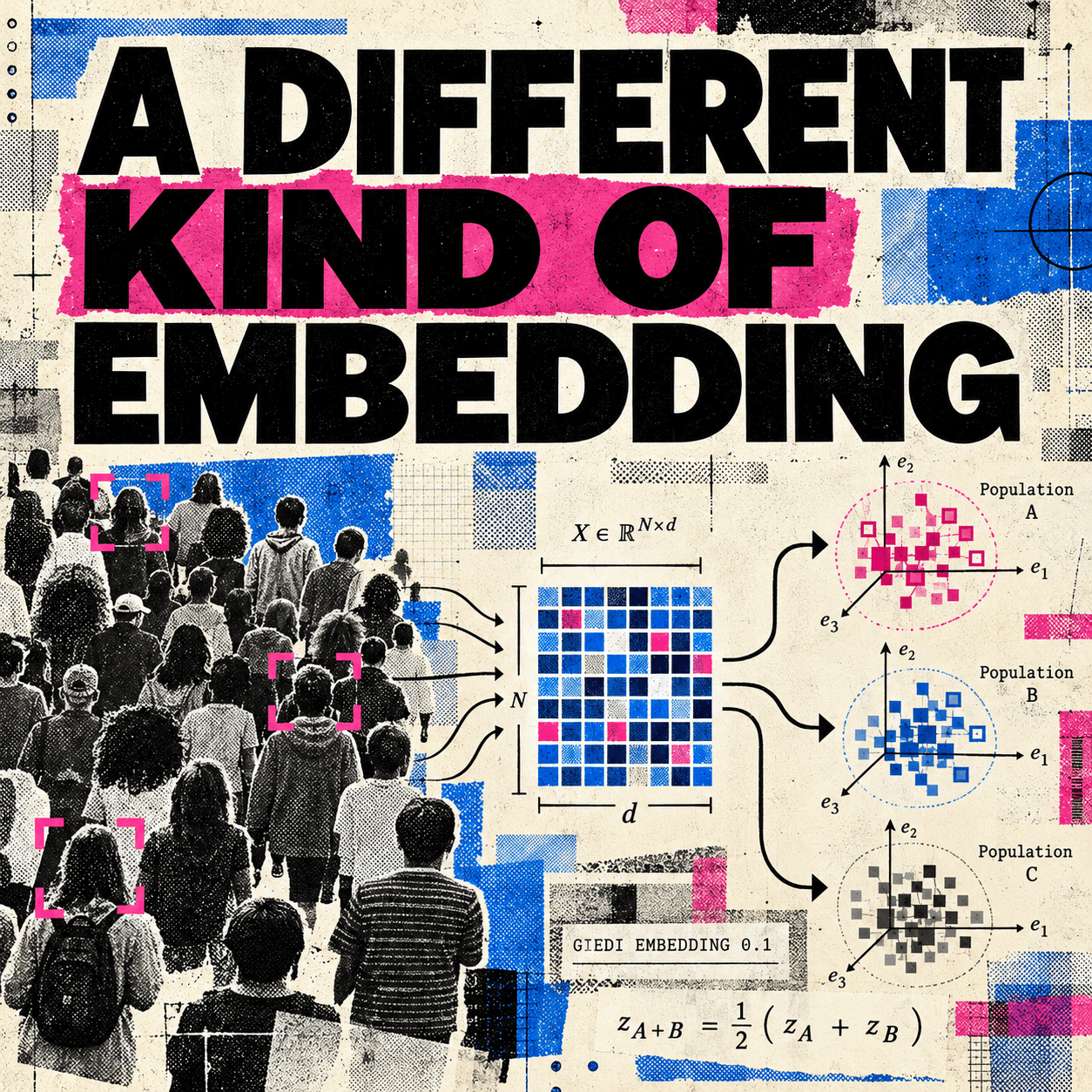 A Different Kind of Embedding: a printed collage of a crowd transformed into a population vector, in cobalt blue and magenta.